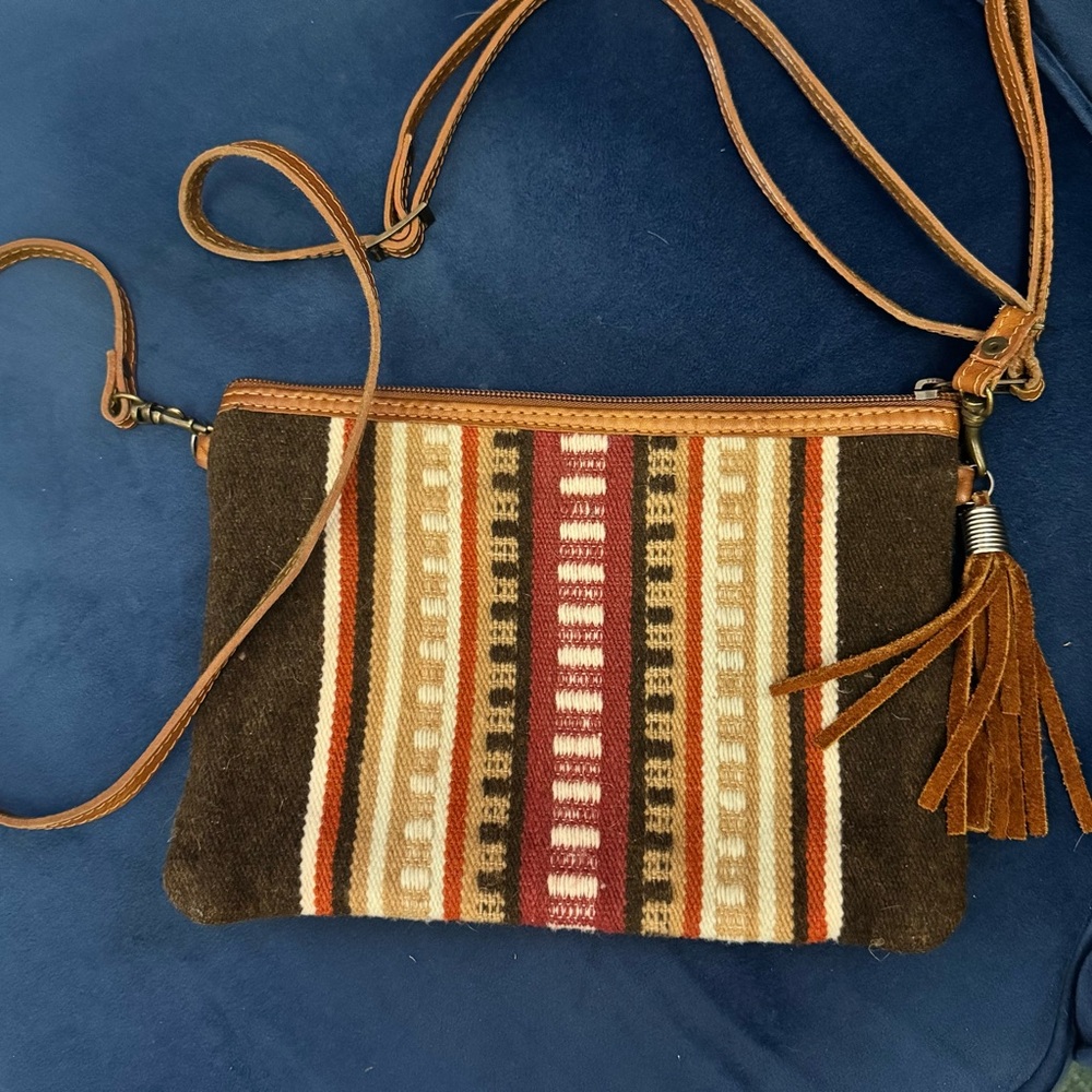 Camari Leather Wool Woven Stripe Crossbody Bag Tan Brown